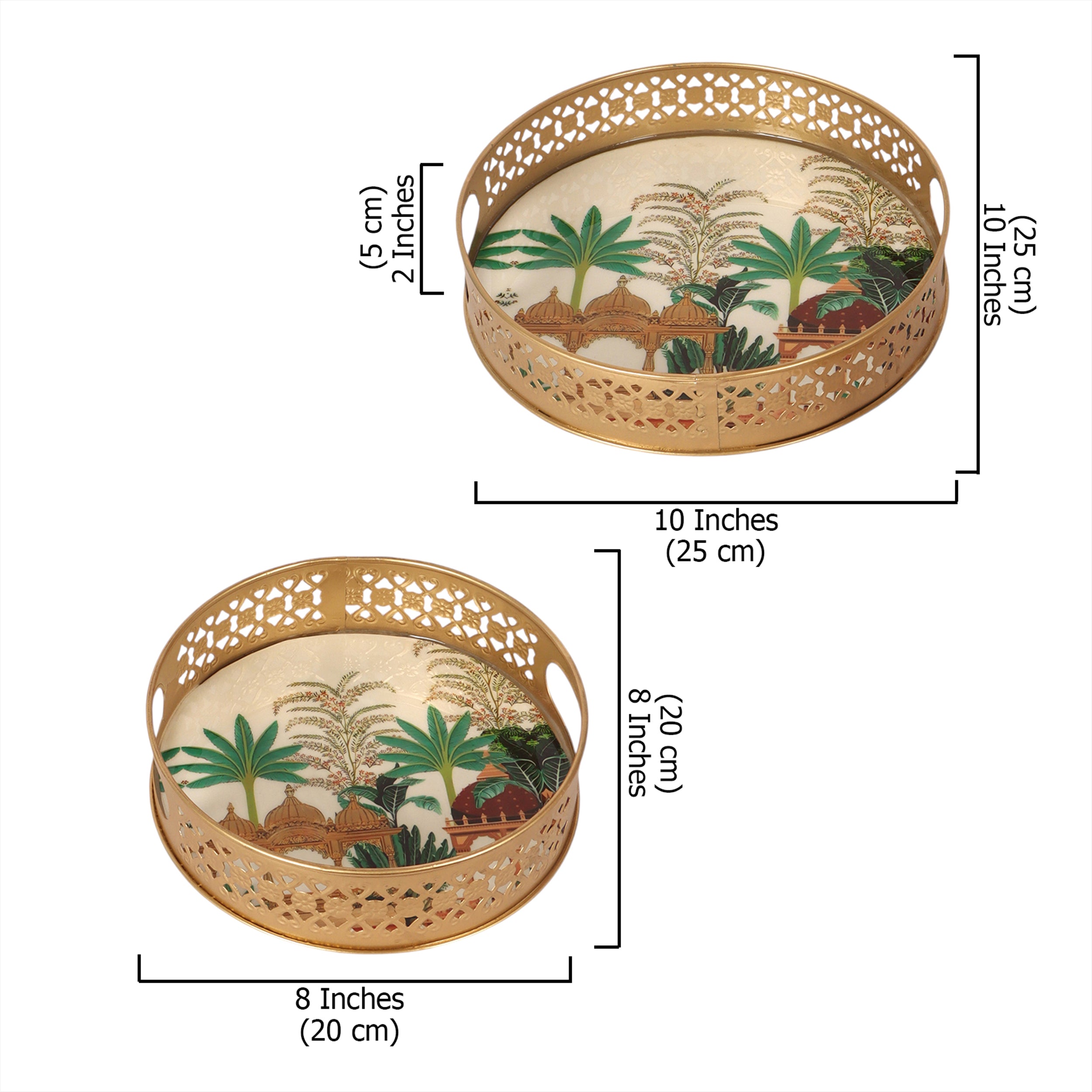 Rajasthani Mahal Design Pichwai Trays Set (8 Inches & 10 Inches), Serving Plates for Home