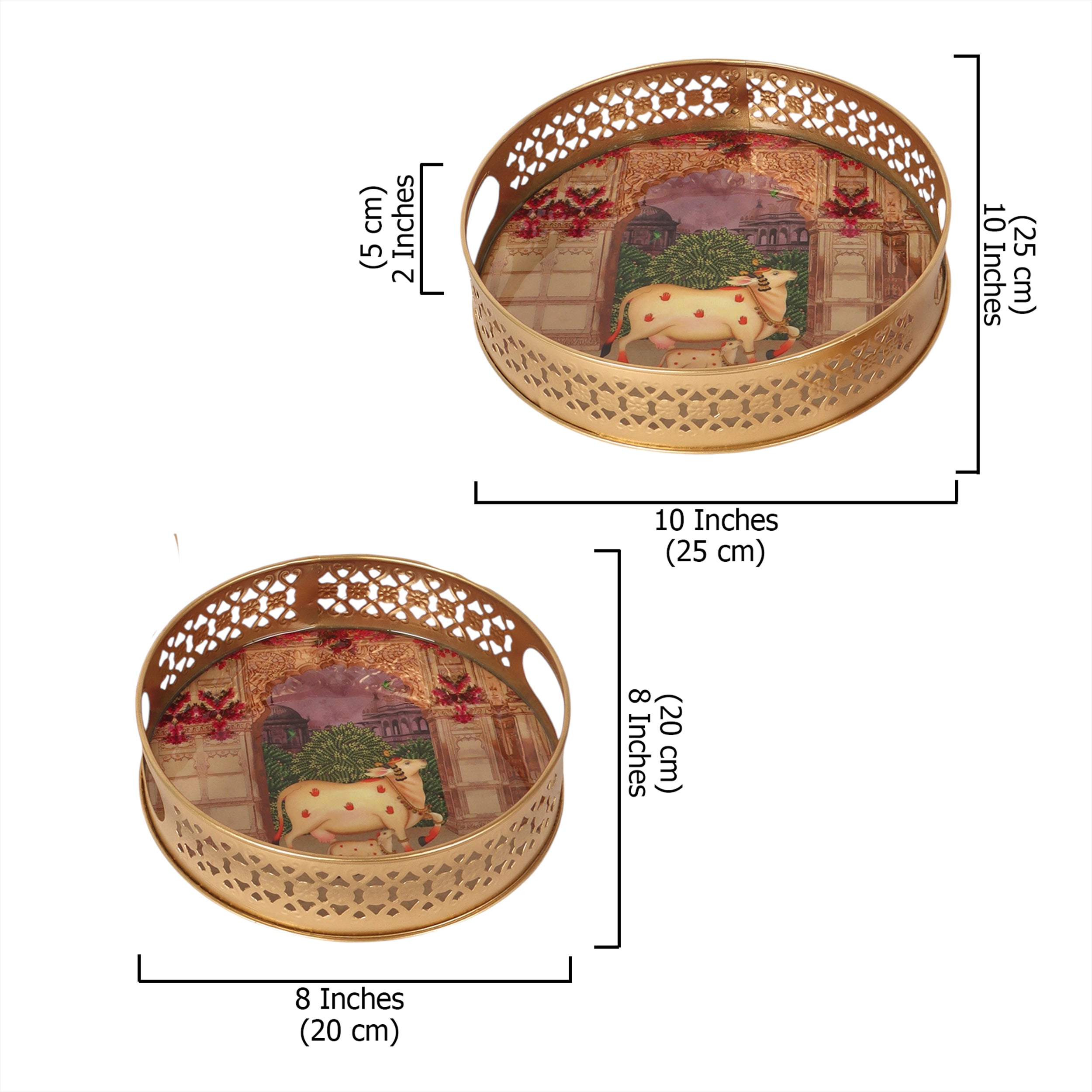 Royal Kamdhenu Cow with Calf Design Pichwai Trays Set (8 Inches & 10 Inches), Serving Plates for Home