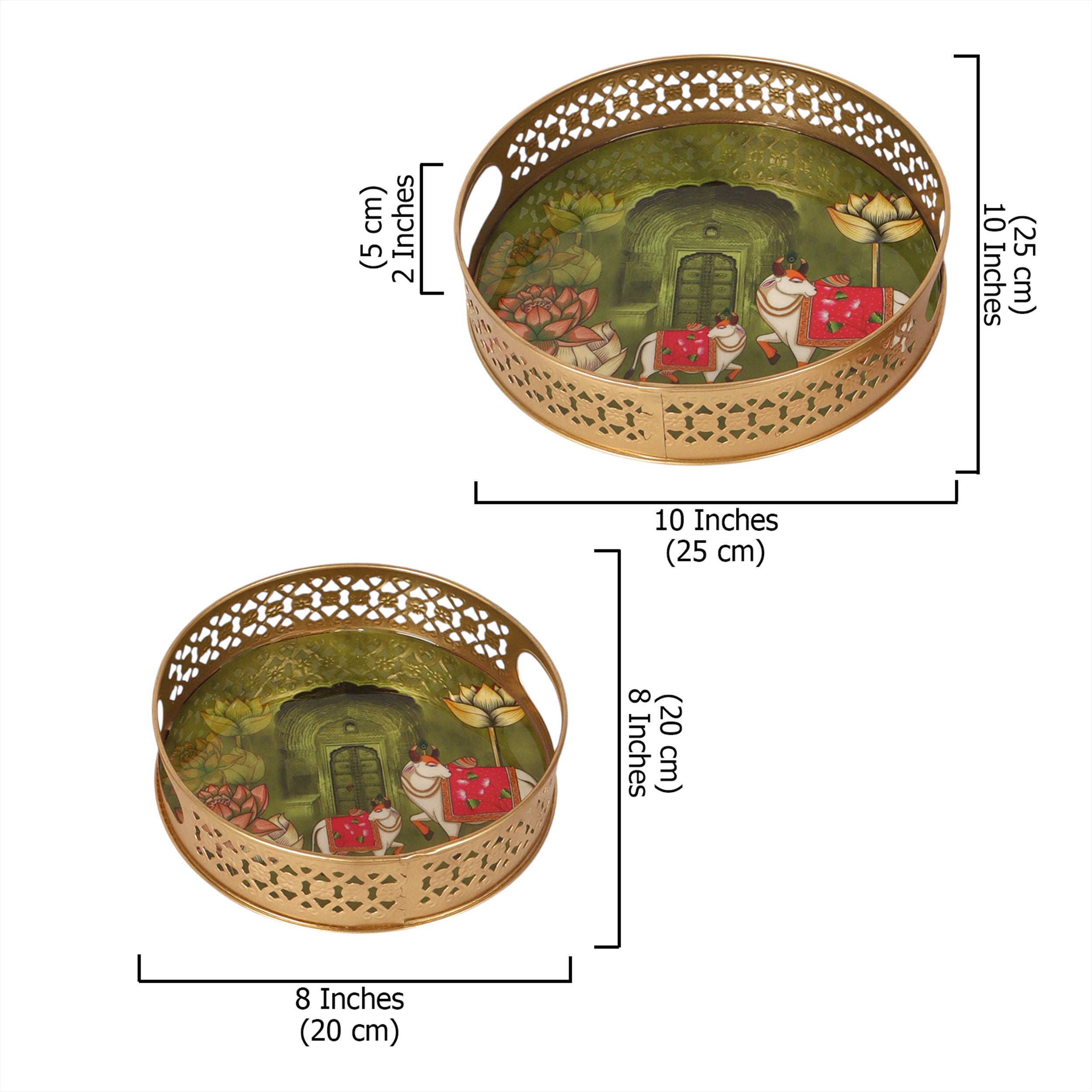 Traditional Kamdhenu Cows Design Serving Trays Set (8 Inches & 10 Inches), Serving Trays for Home Decor