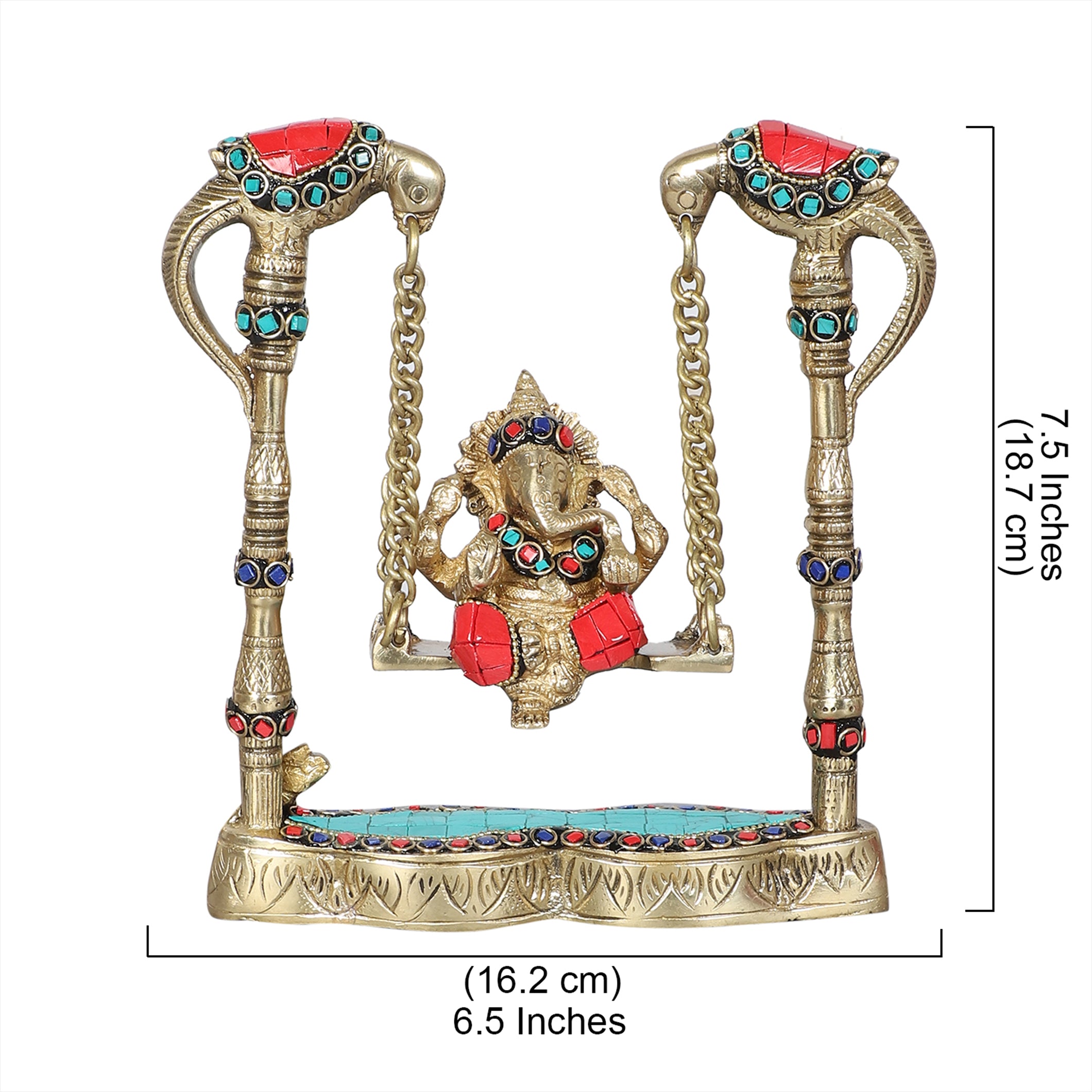 7.5 Inches Gemstone Work Ganesha on Peacock Swing Jhoola Brass Showpiece