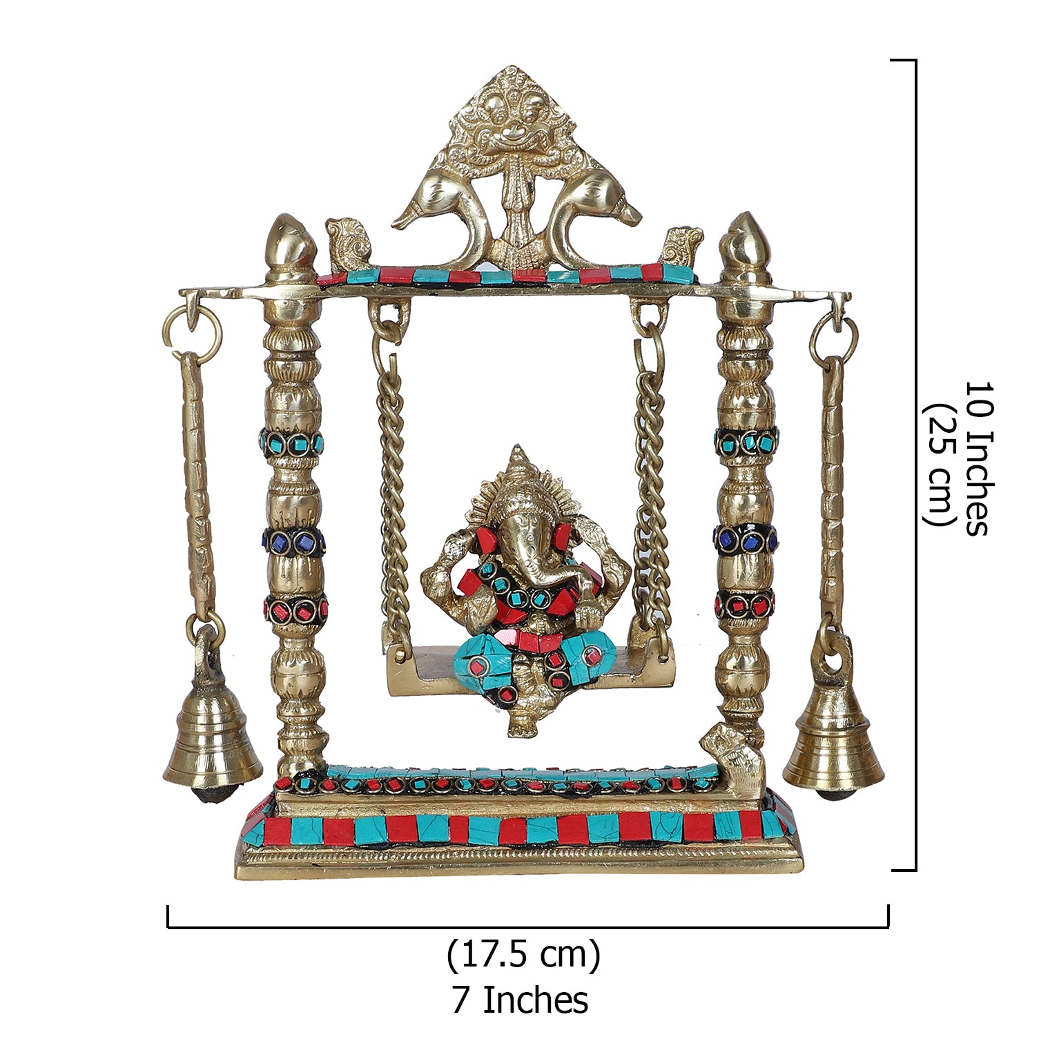 Gemstone Work Ganesha on Jhoola Swing with Bells Brass Showpiece, Brass Showpiece for Home Decor