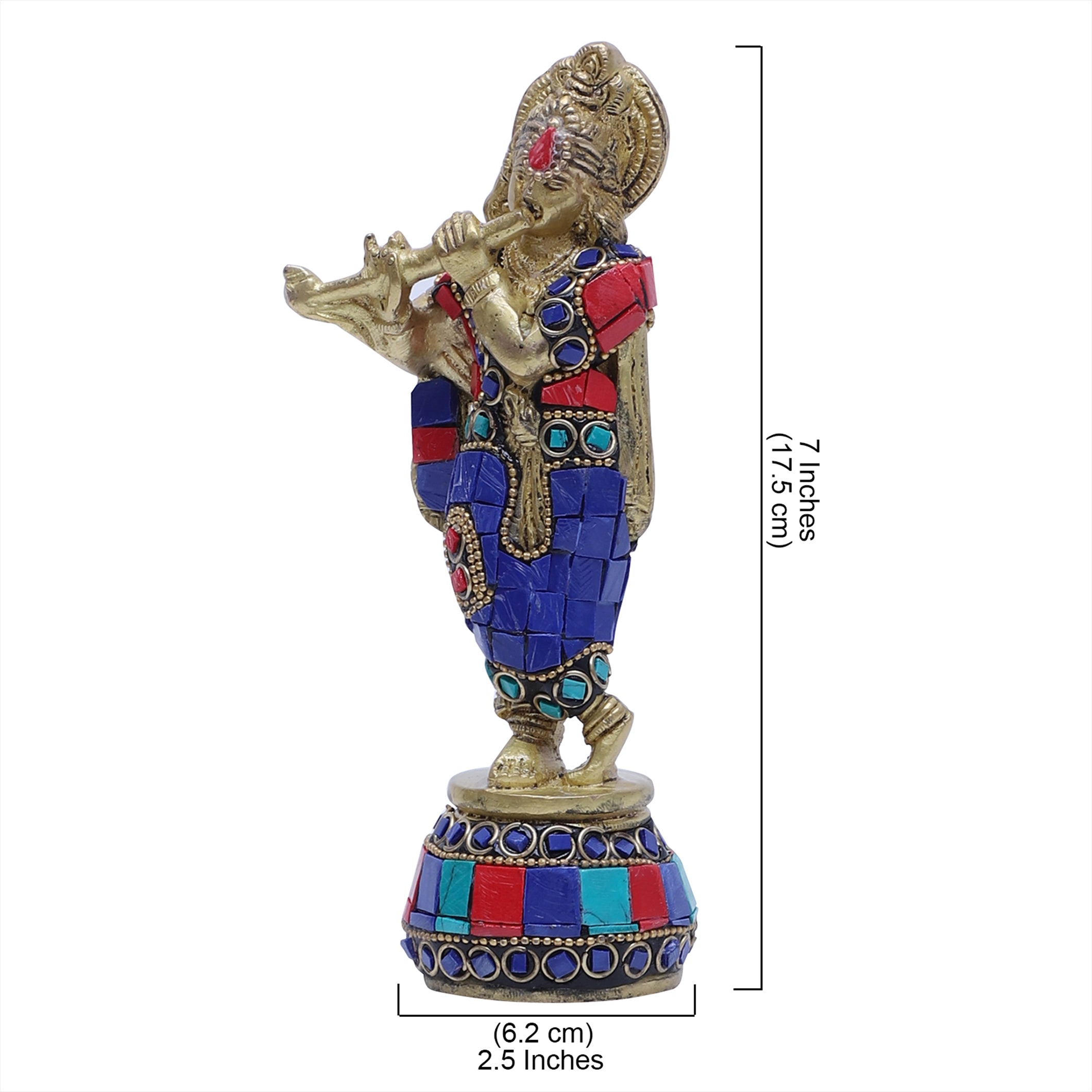 Gemstone Work 7 Inches Brass Krishna Playing Flute Statue