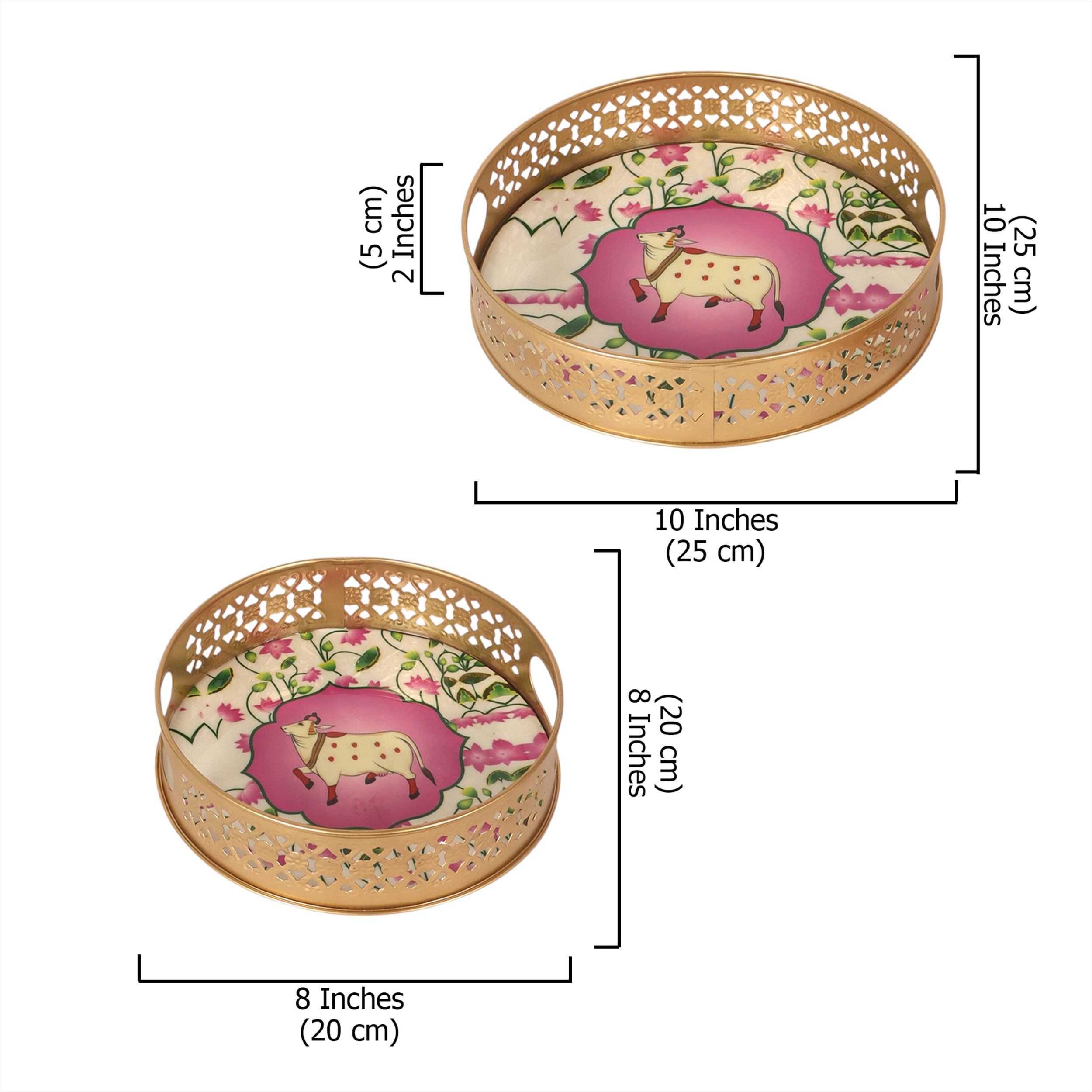 Kamdhenu Cow in Lotus Flower Pattern Design Pichwai Trays Set (8 Inches & 10 Inches), Serving Plates for Home
