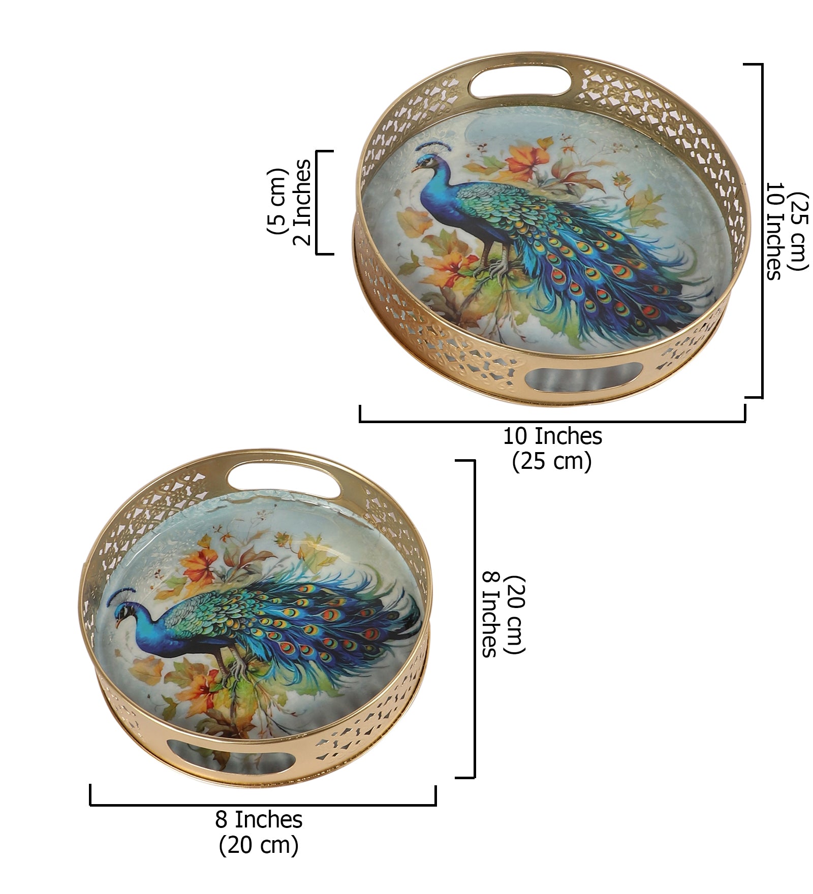 Peacock Design Serving Trays Set (8 Inches & 10 Inches), Serving Plates for Home