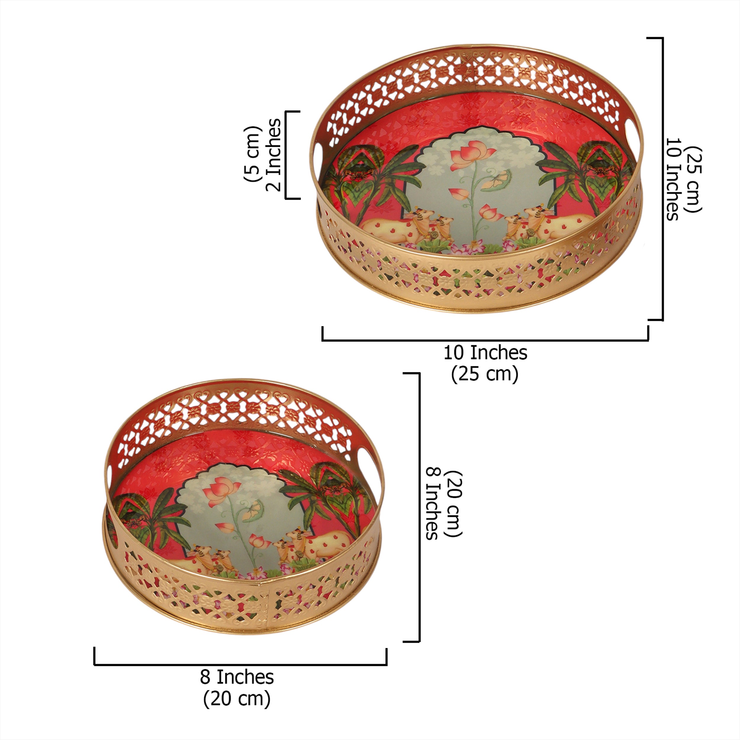 Ethnic Kamdhenu Cows Design Serving Trays Set (8 Inches & 10 Inches), Serving Trays for Home Decor