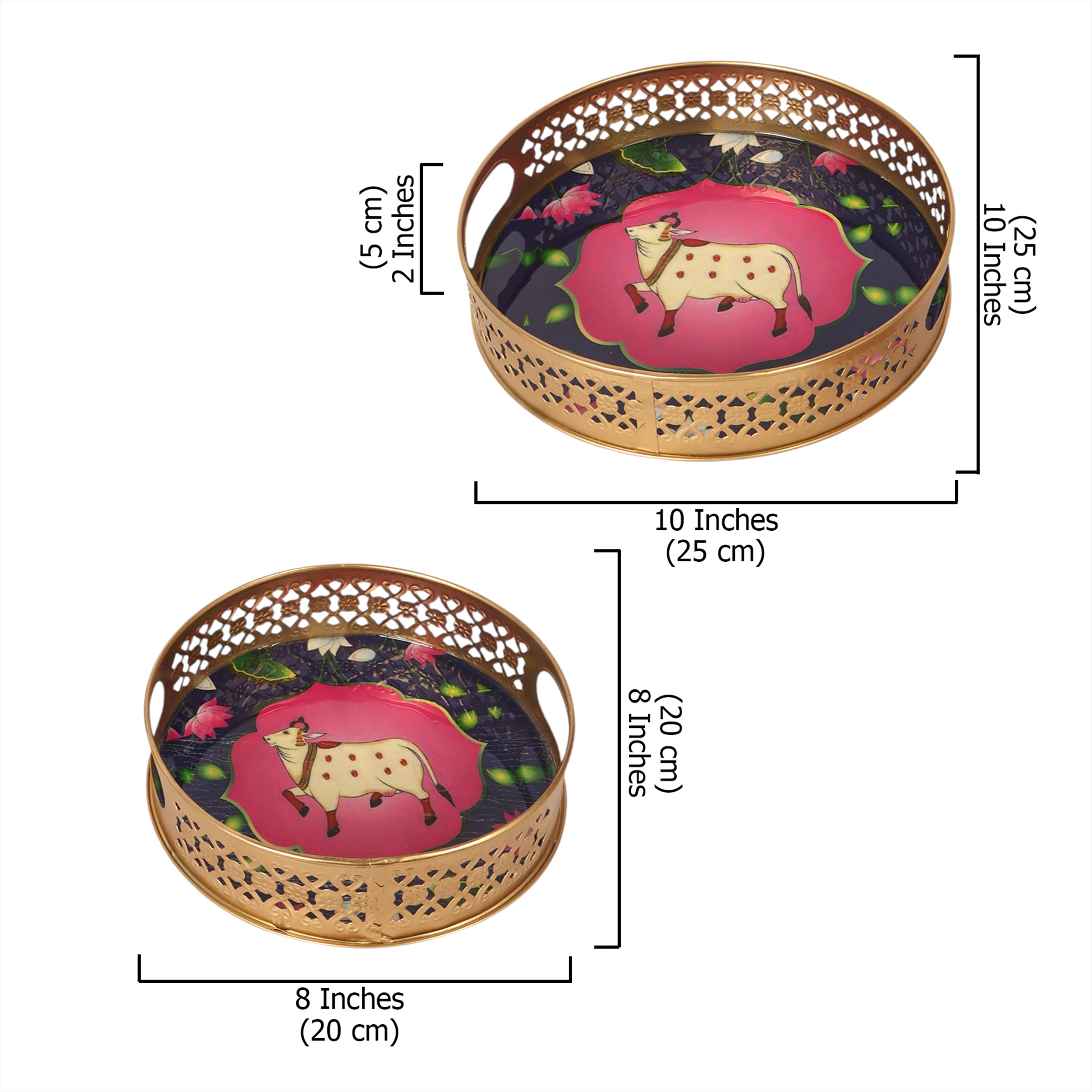 Sacred Kamdhenu Cow Design Serving Trays Set (8 Inches & 10 Inches), Serving Plates for Home