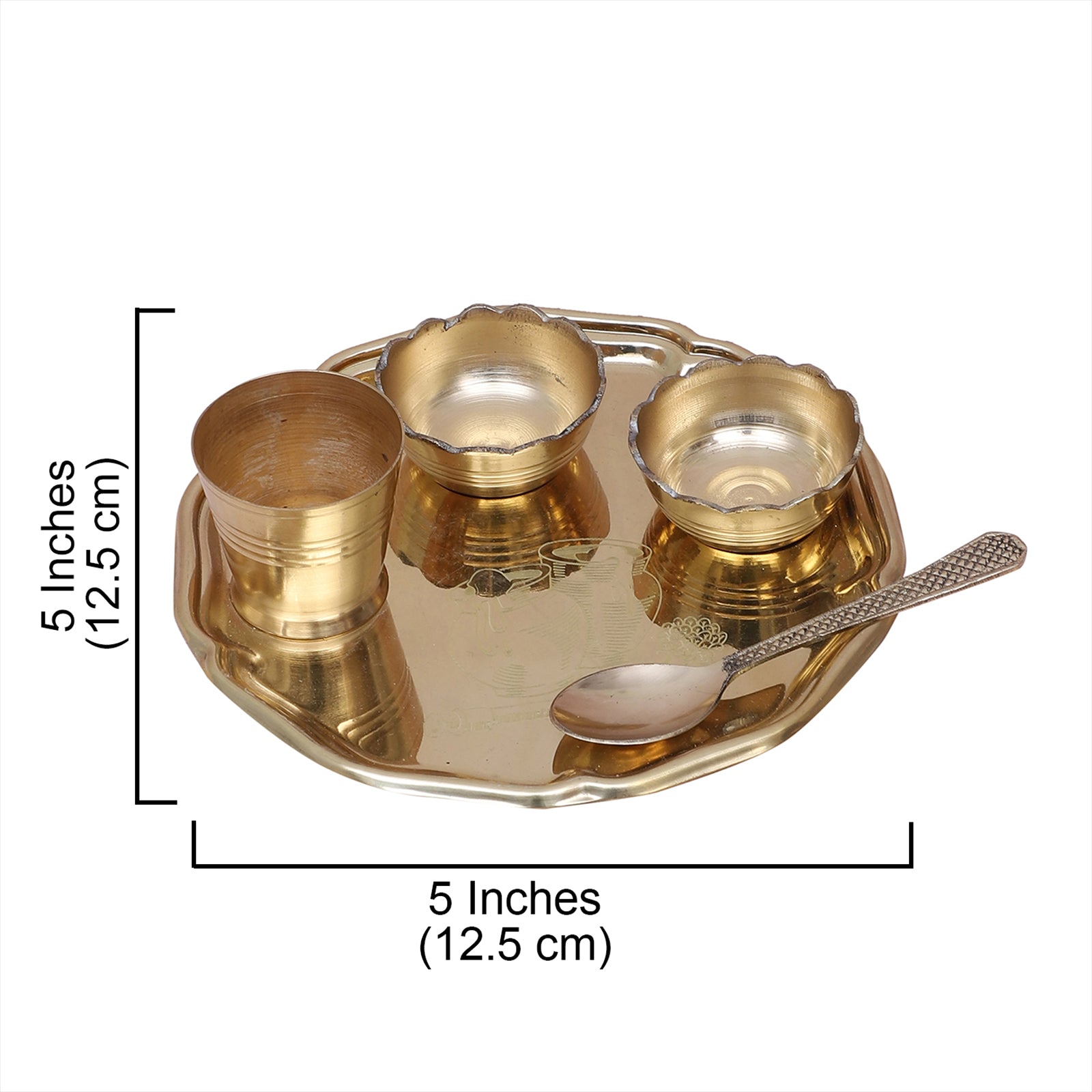 Brass 5 Inches Pooja Thali Set, Brass Thali Set for Bhog, Set of 1 Thali, 2 Katori, 1 Glass and 1 Spoon