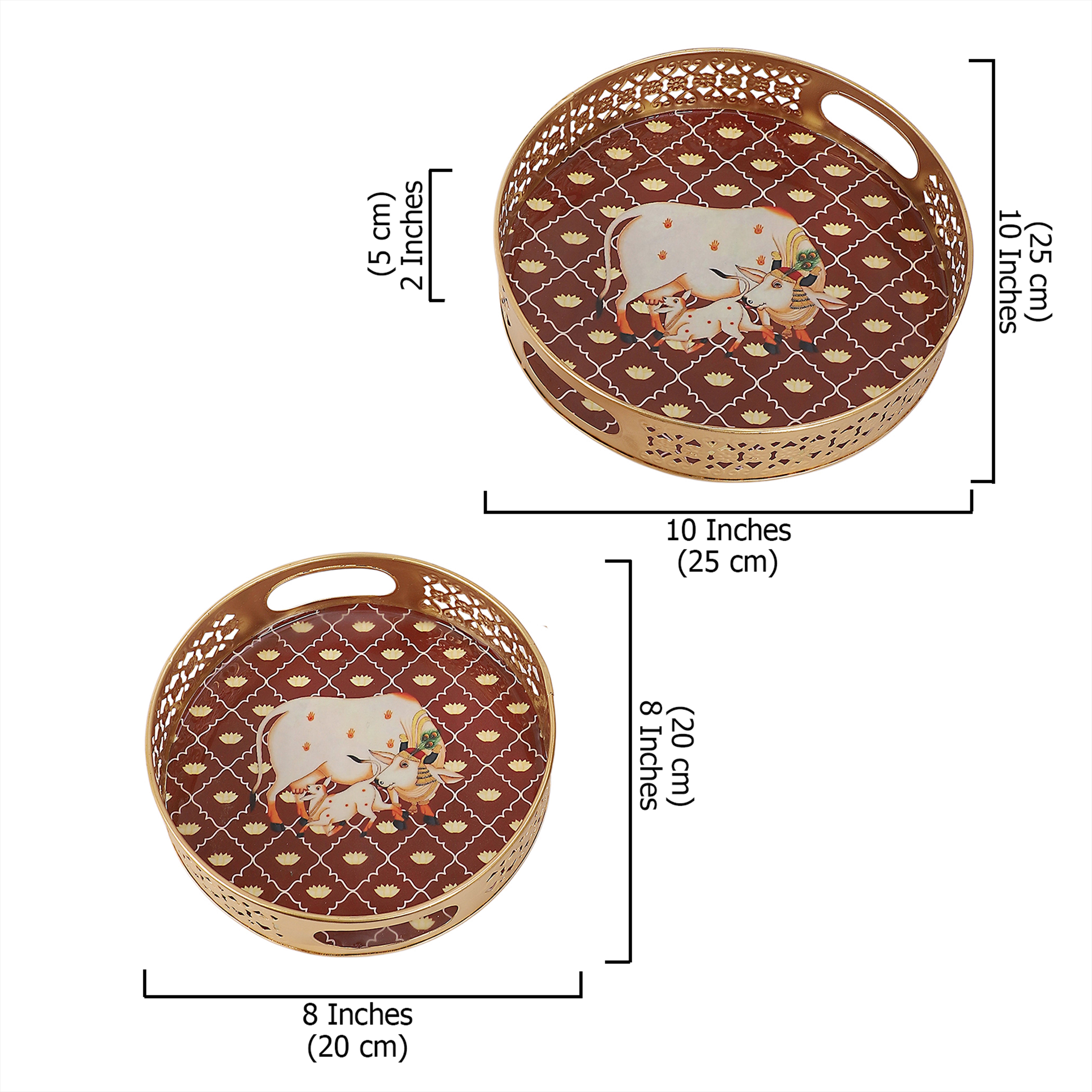 Kamdhenu Cow with Calf Design Serving Trays Set (8 Inches & 10 Inches), Serving Plates for Home