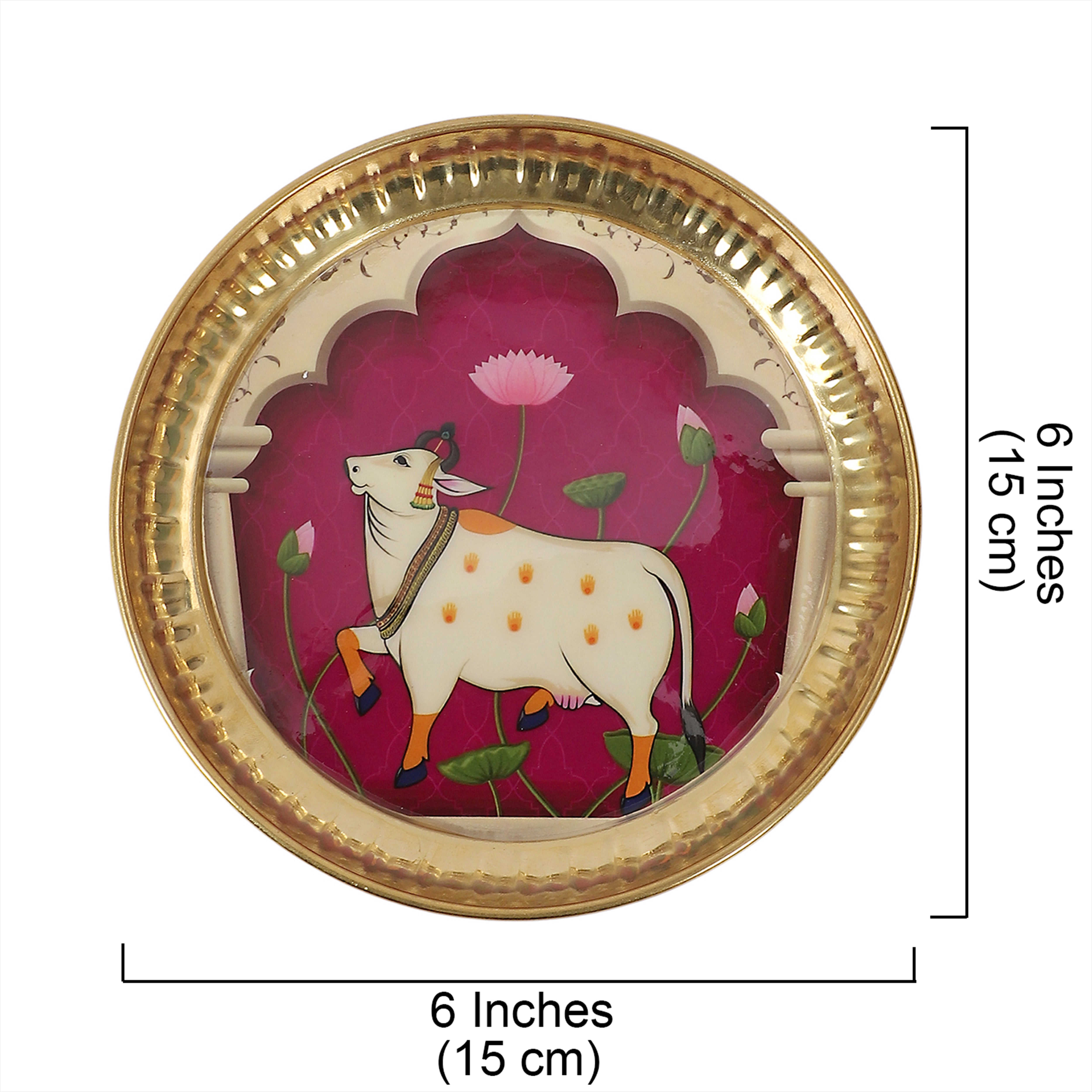 Brass 6 Inches Kamdhenu Cow Design Pooja Thali, Puja Aarti Thali for Home Temple, Gifts for Puja Ceremony