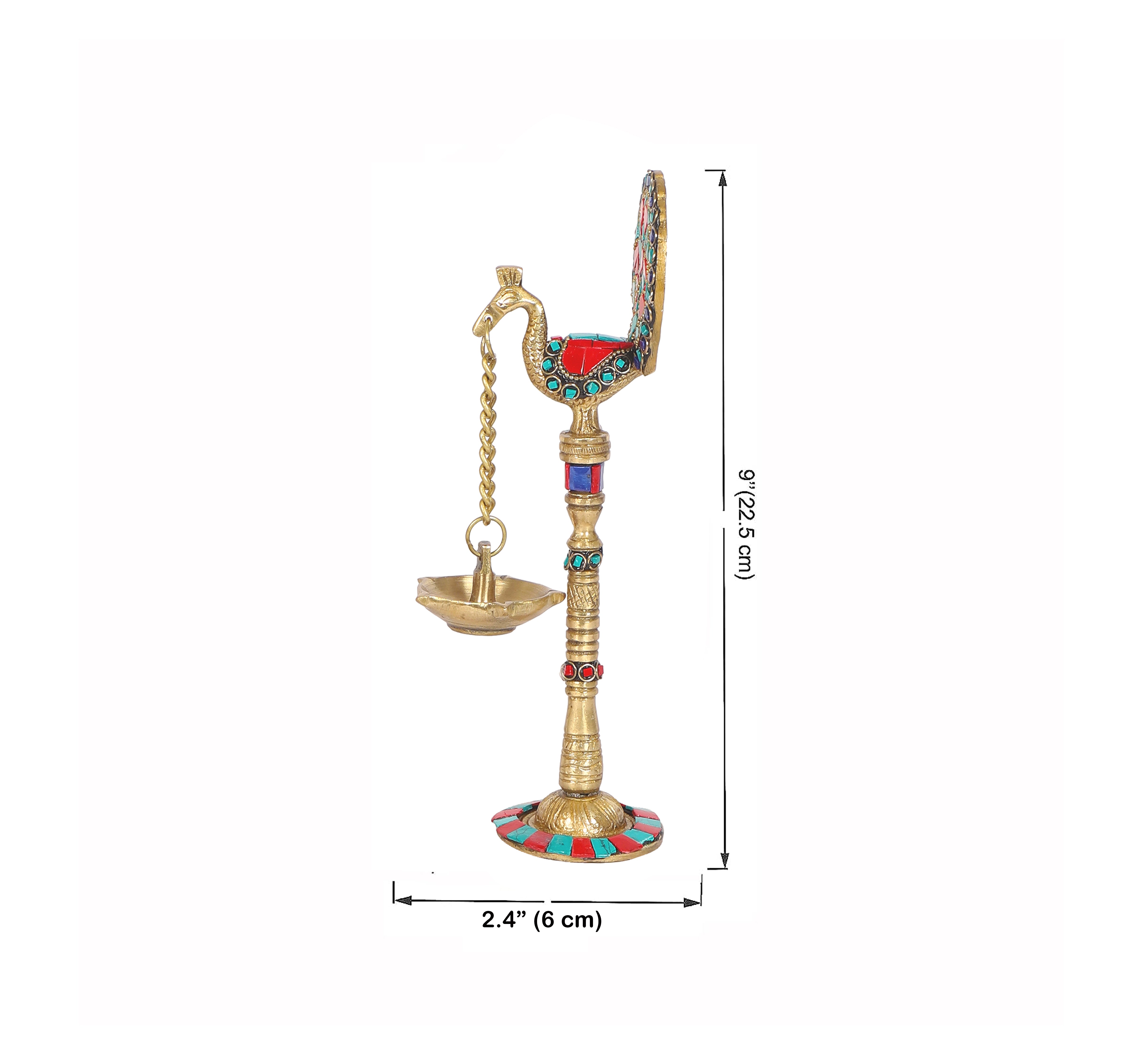Gemstone Work Peacock Design 9 Inches Brass Hanging Diya Pair, Brass Diyas for Decoration