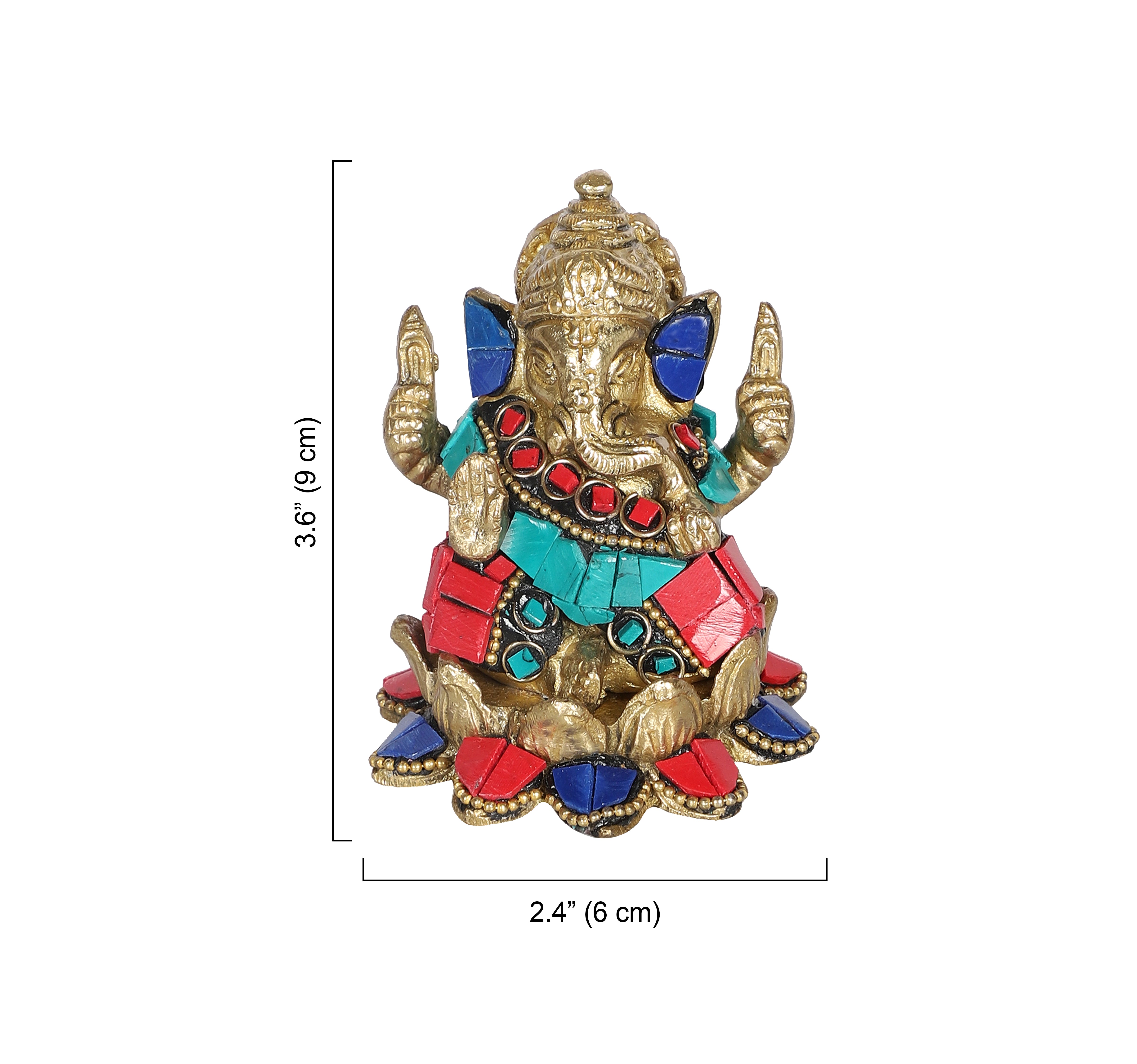 Gemstone Work Brass Ganesha on Lotus Showpiece, Ganesha Idol for Home/Temple