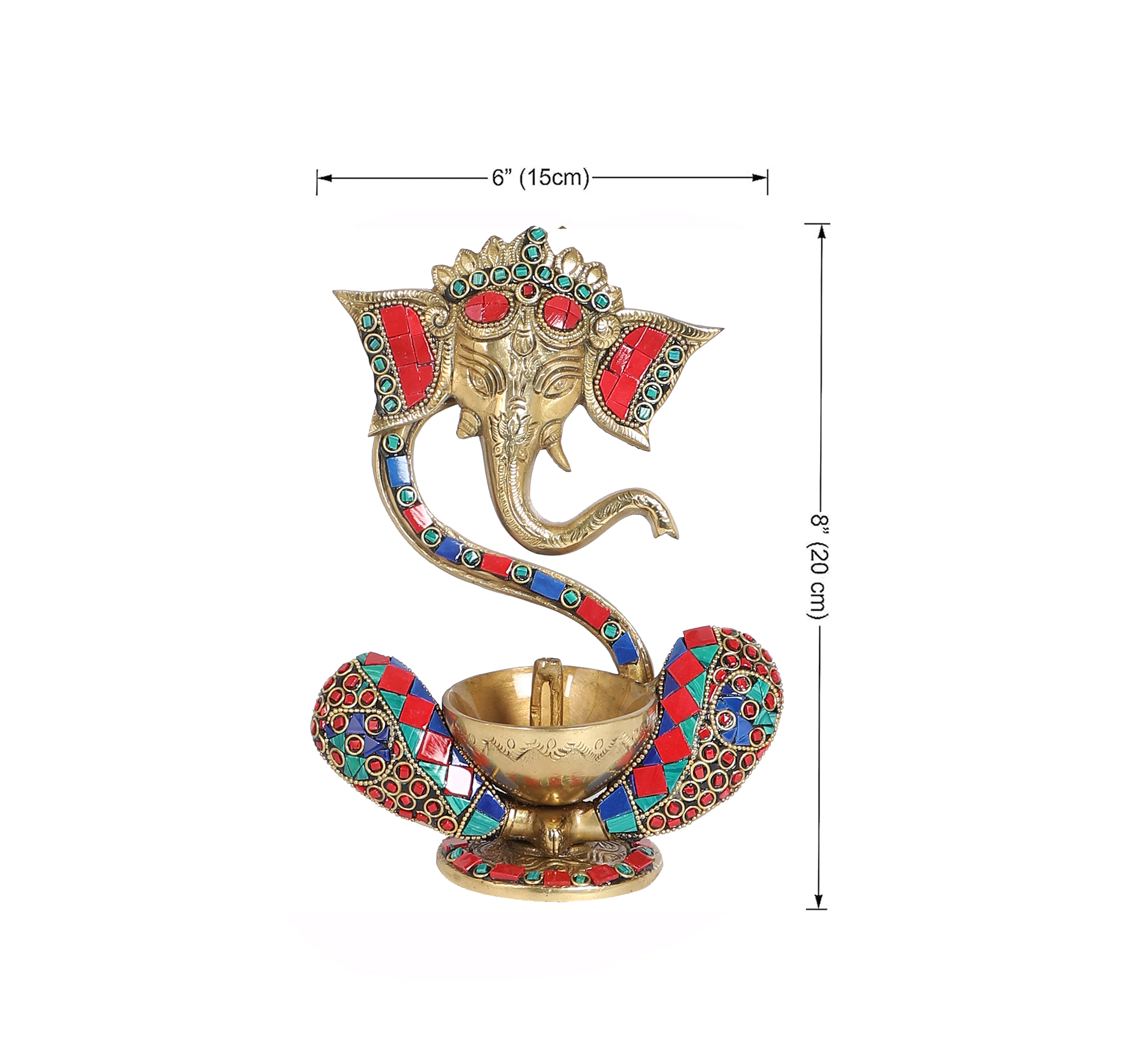 Gemstone Work Brass 8 Inches Blessing Ganesha With Diya on Lap