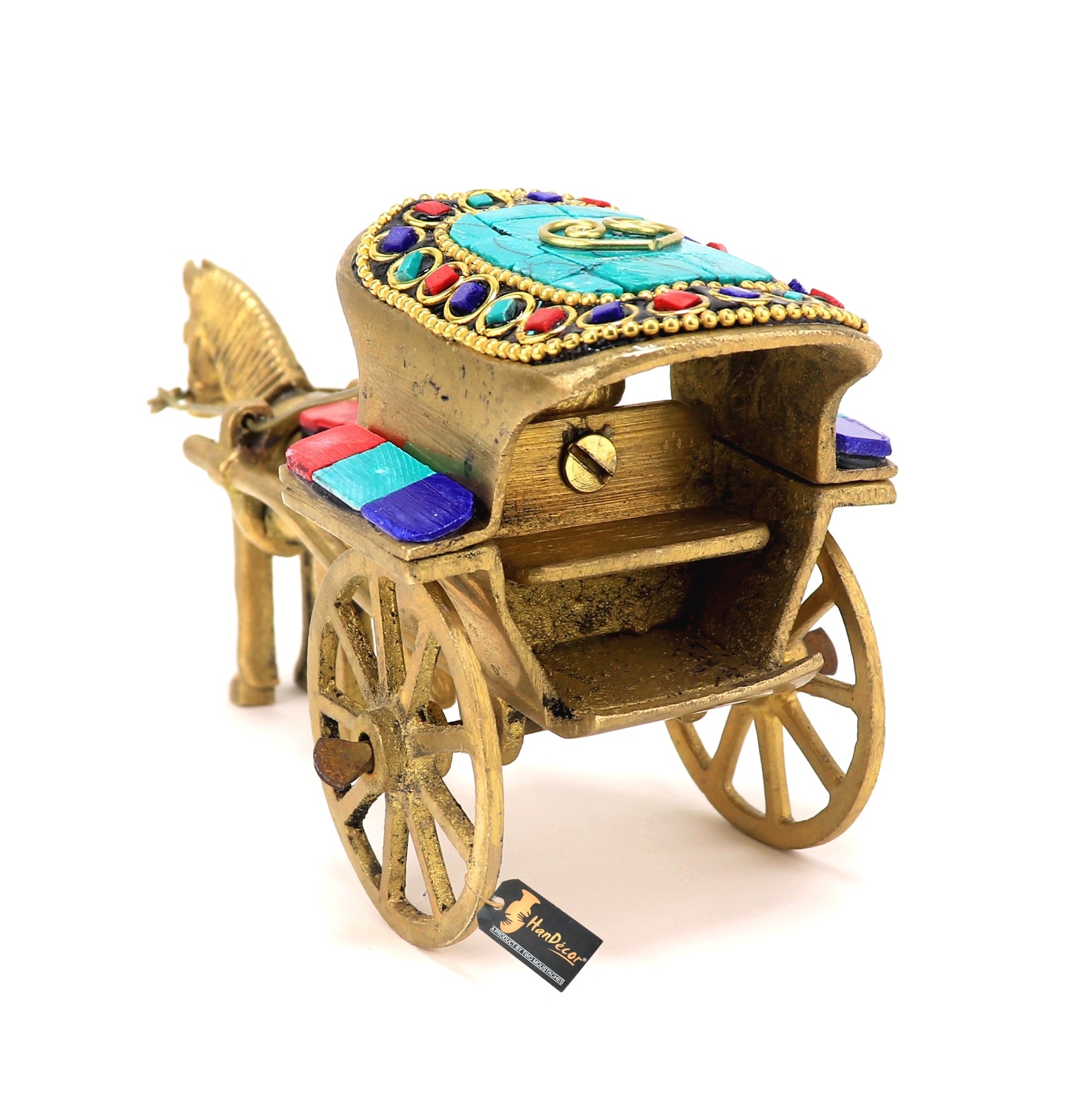 Gemstone Work Brass Horse Cart Replica Decor Showpiece