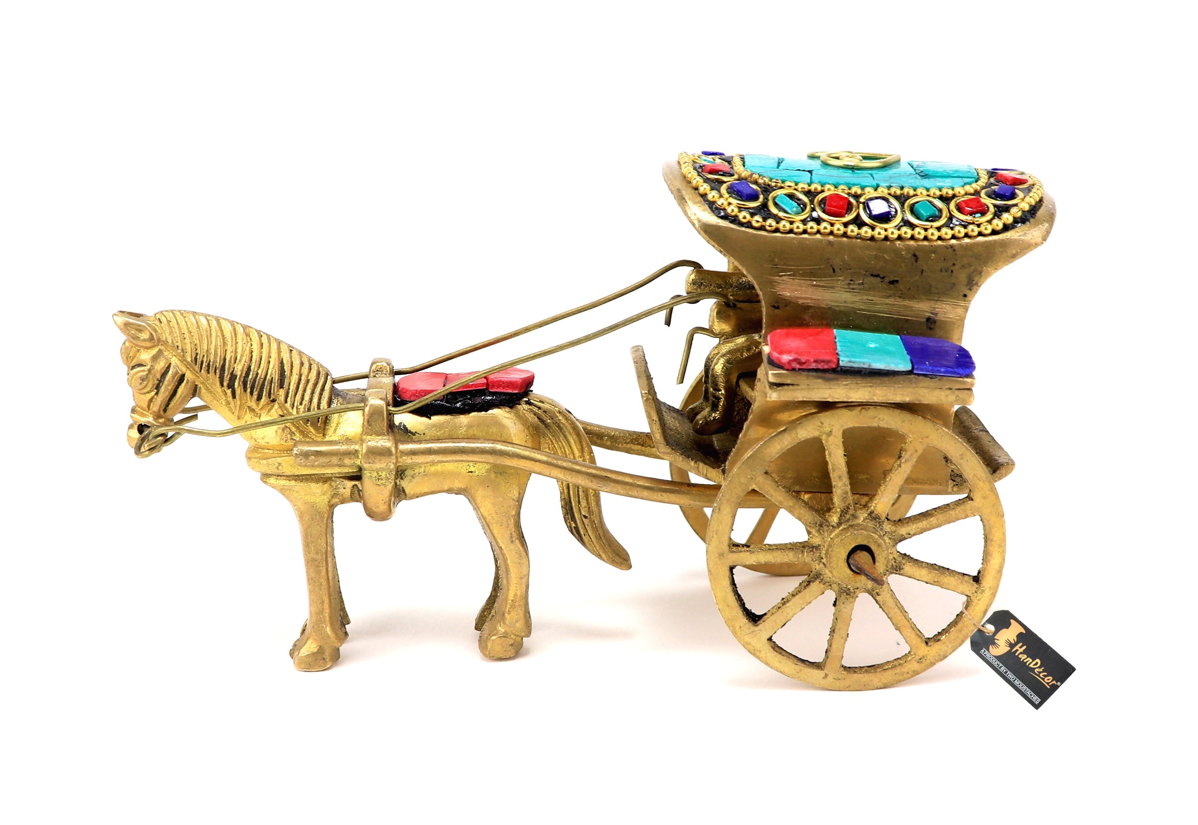 Gemstone Work Brass Horse Cart Replica Decor Showpiece