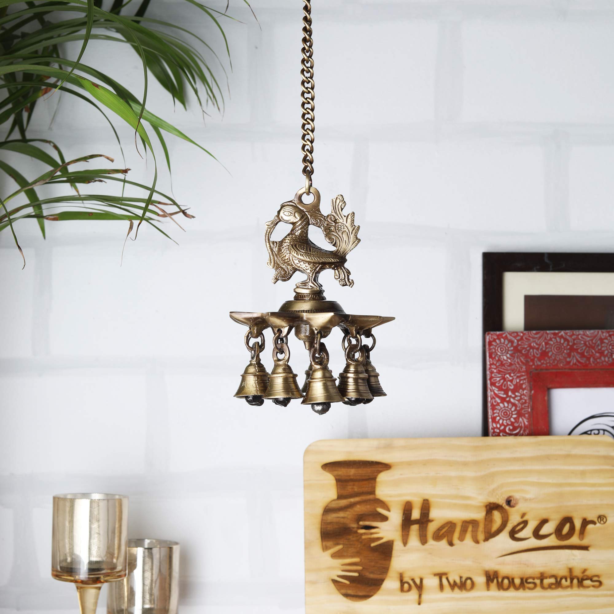 Peacock Design Brass Hanging Diya with Bells