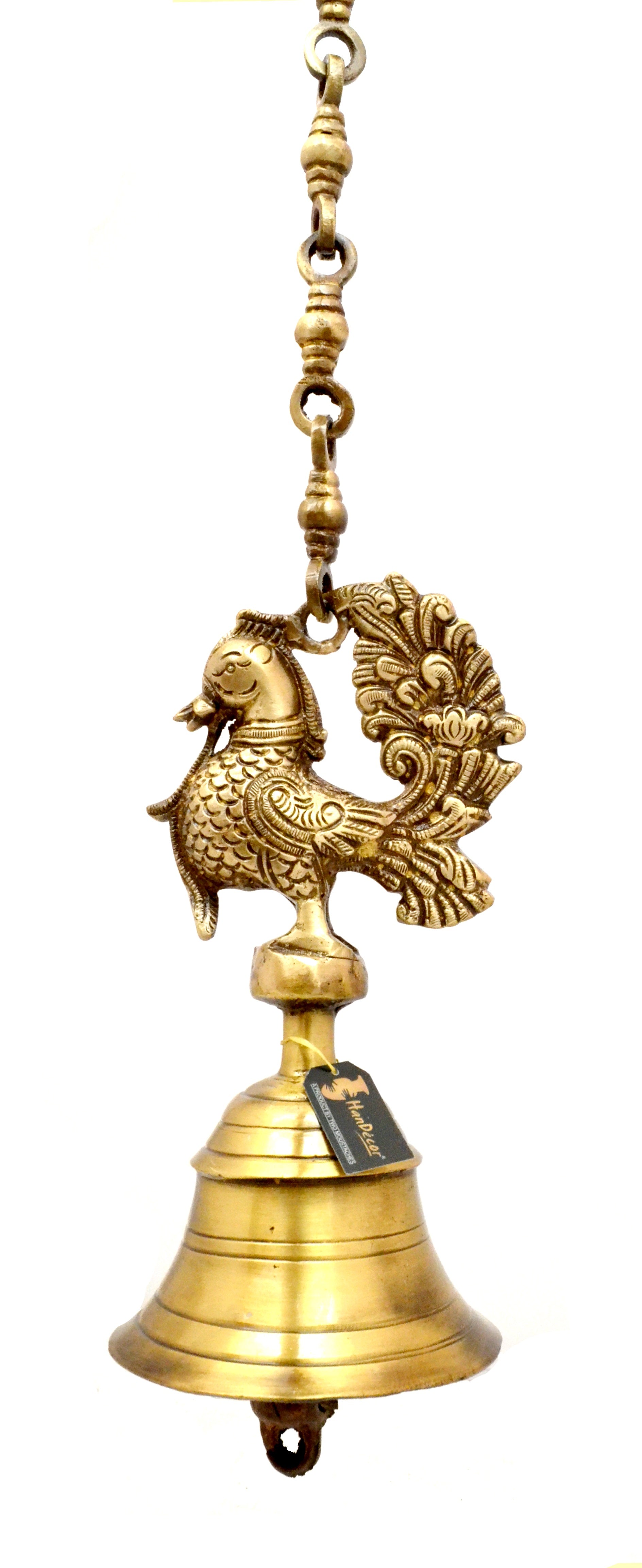 Vintage Brass Temple Bell with Peacock On Chain