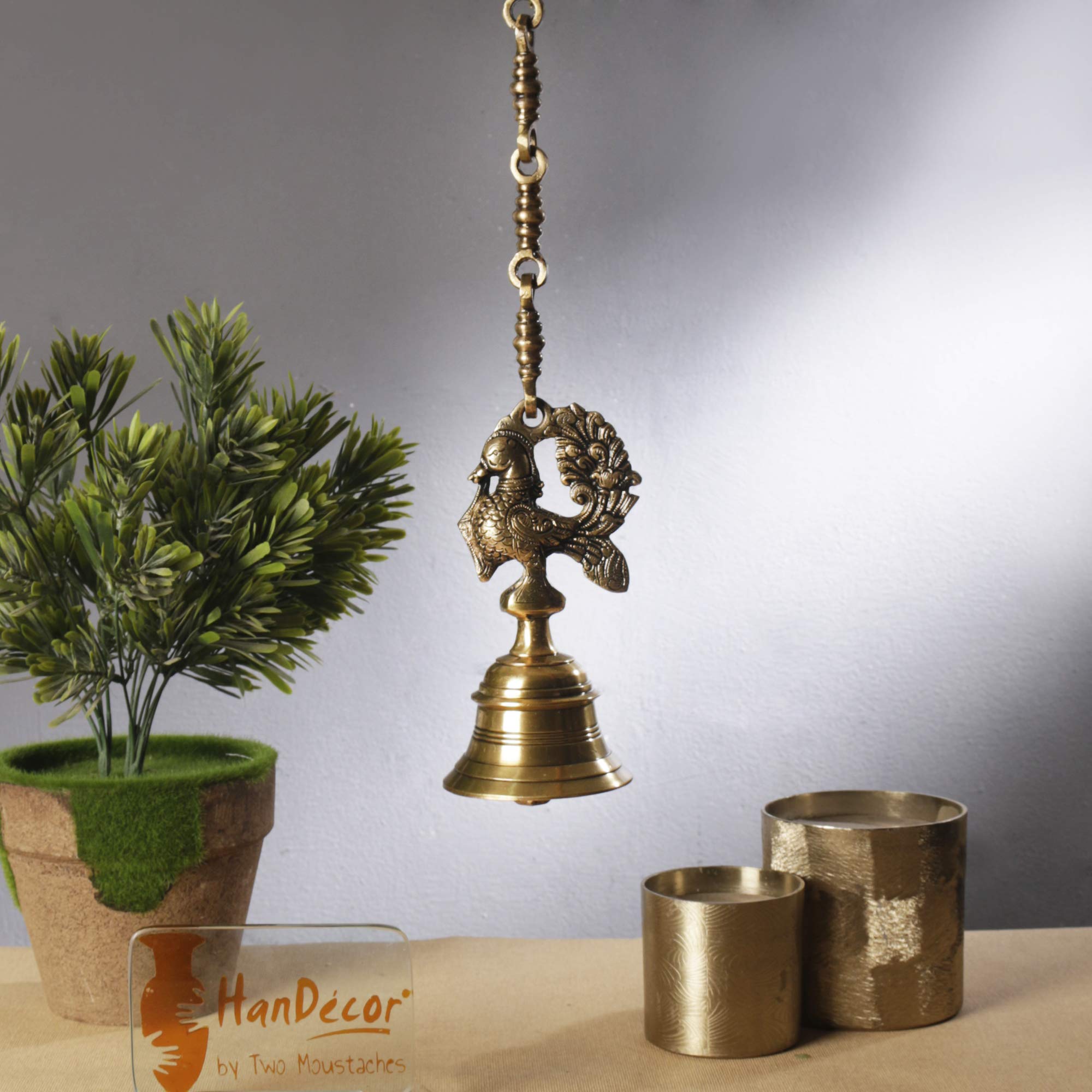Vintage Brass Temple Bell with Peacock On Chain