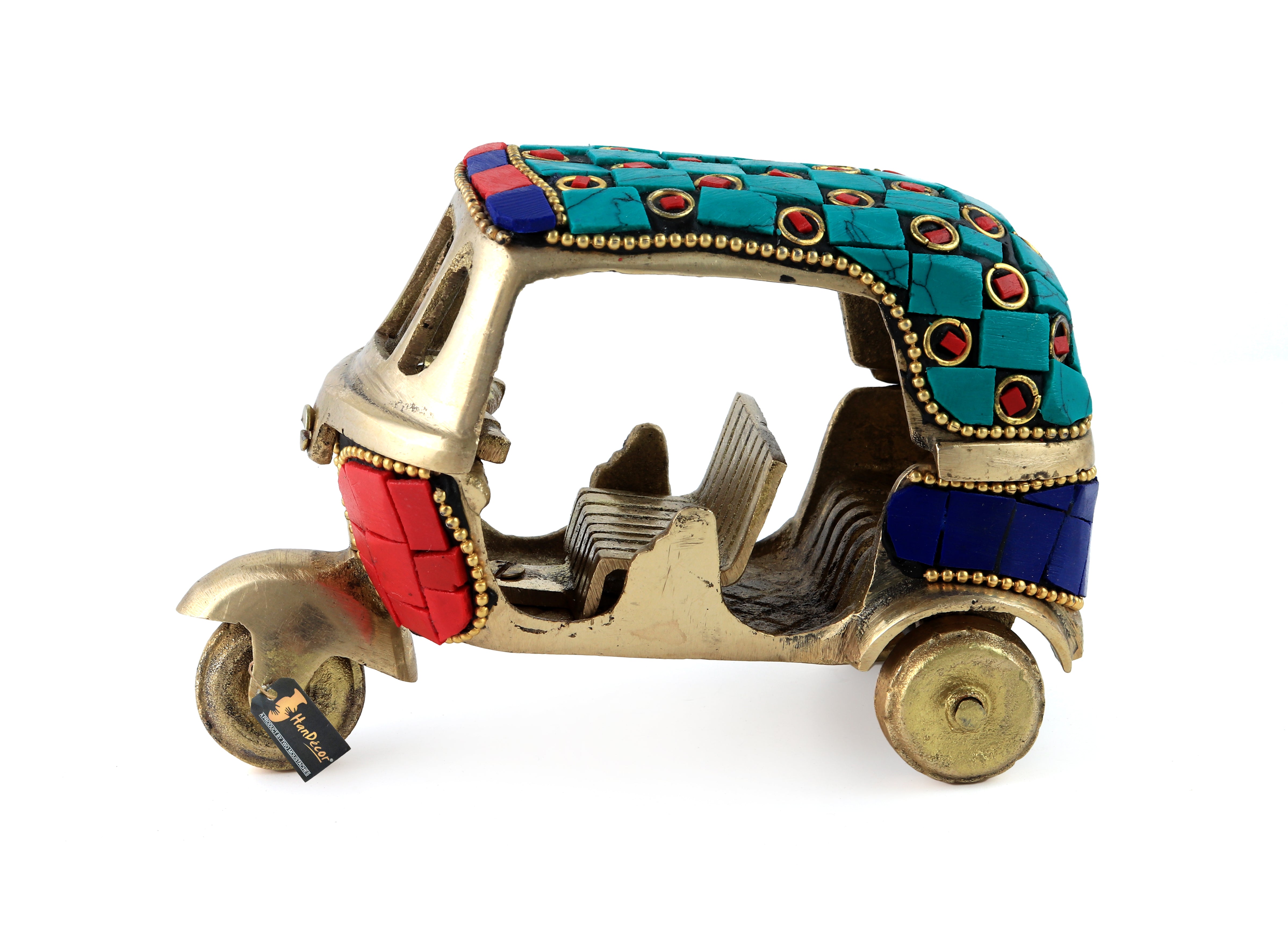 Gemstone Work Vintage Style Auto Rickshaw Miniature Brass