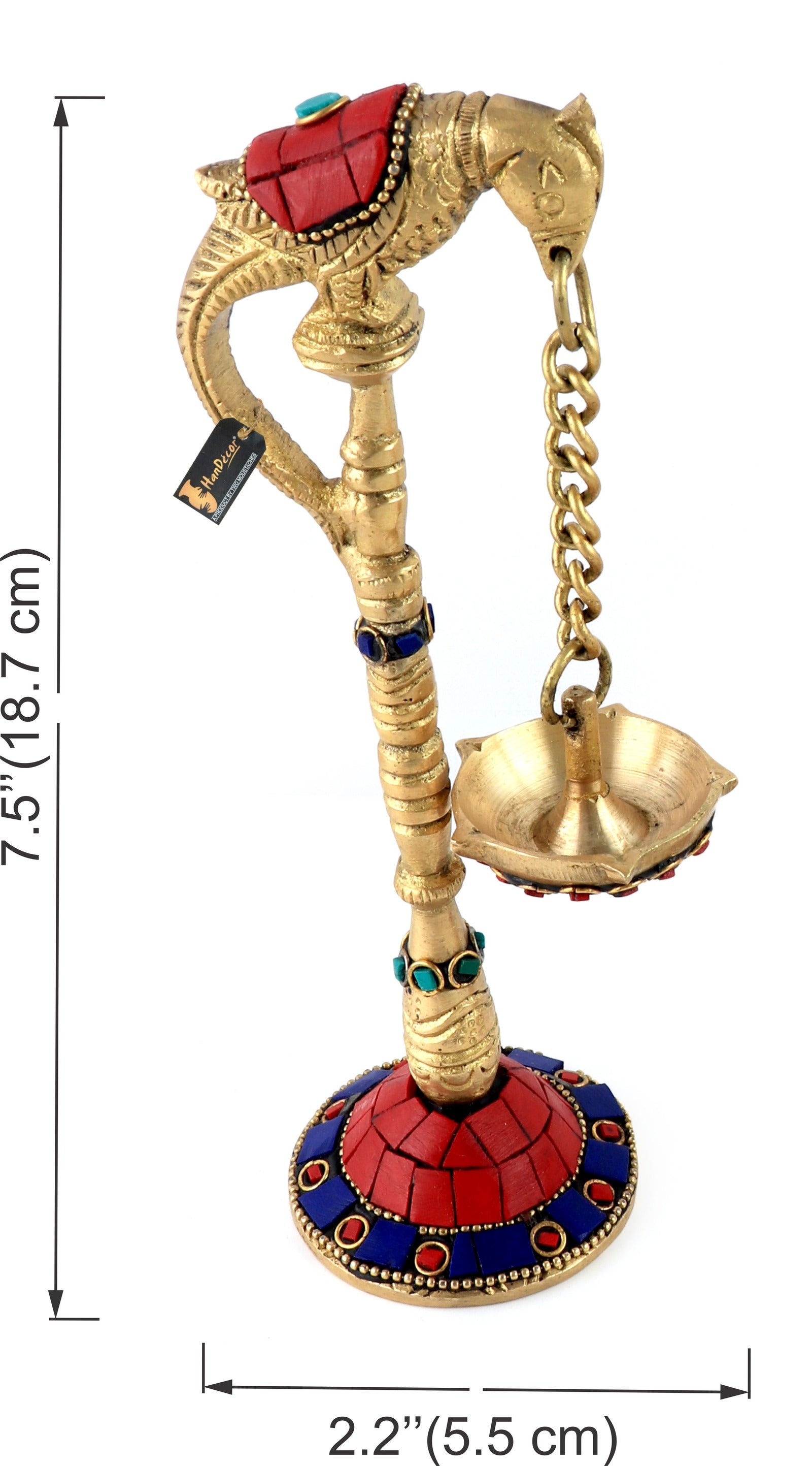 Gemstone Work Parrot Design 7.5 Inches Brass Hanging Diya Pair
