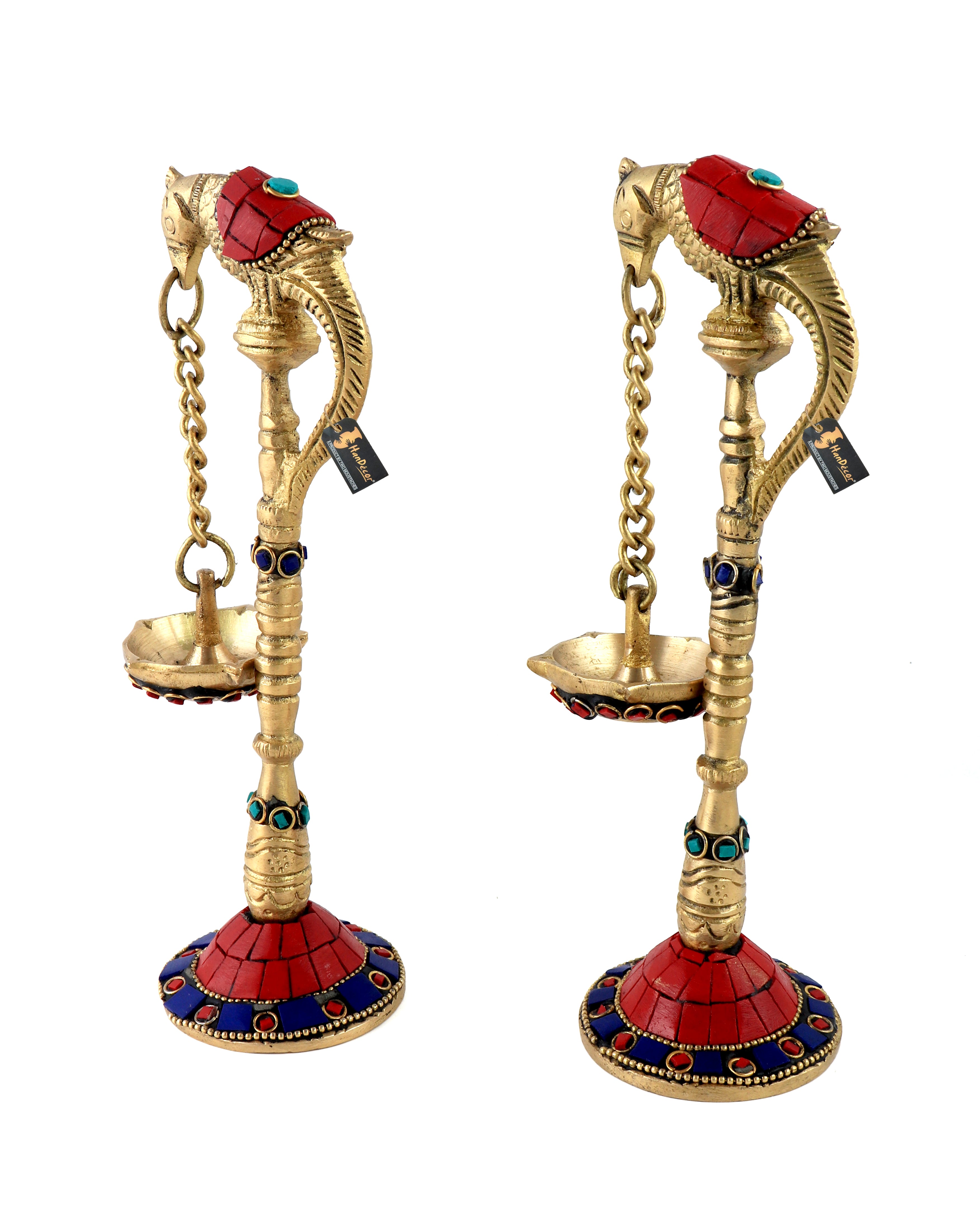 Gemstone Work Parrot Design 7.5 Inches Brass Hanging Diya Pair