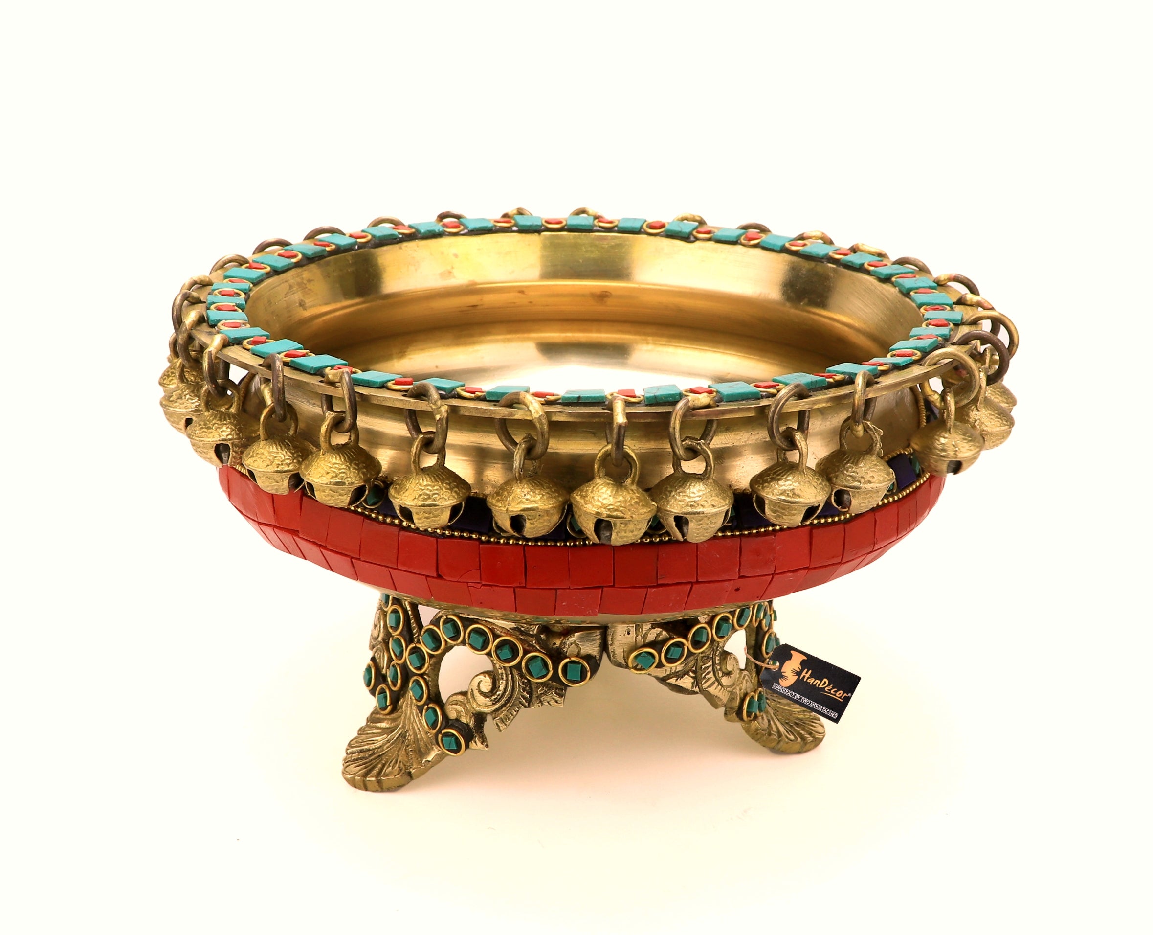 Gemstone Work Brass 8 Inches Urli Bowl on Ethnic Carved Legs