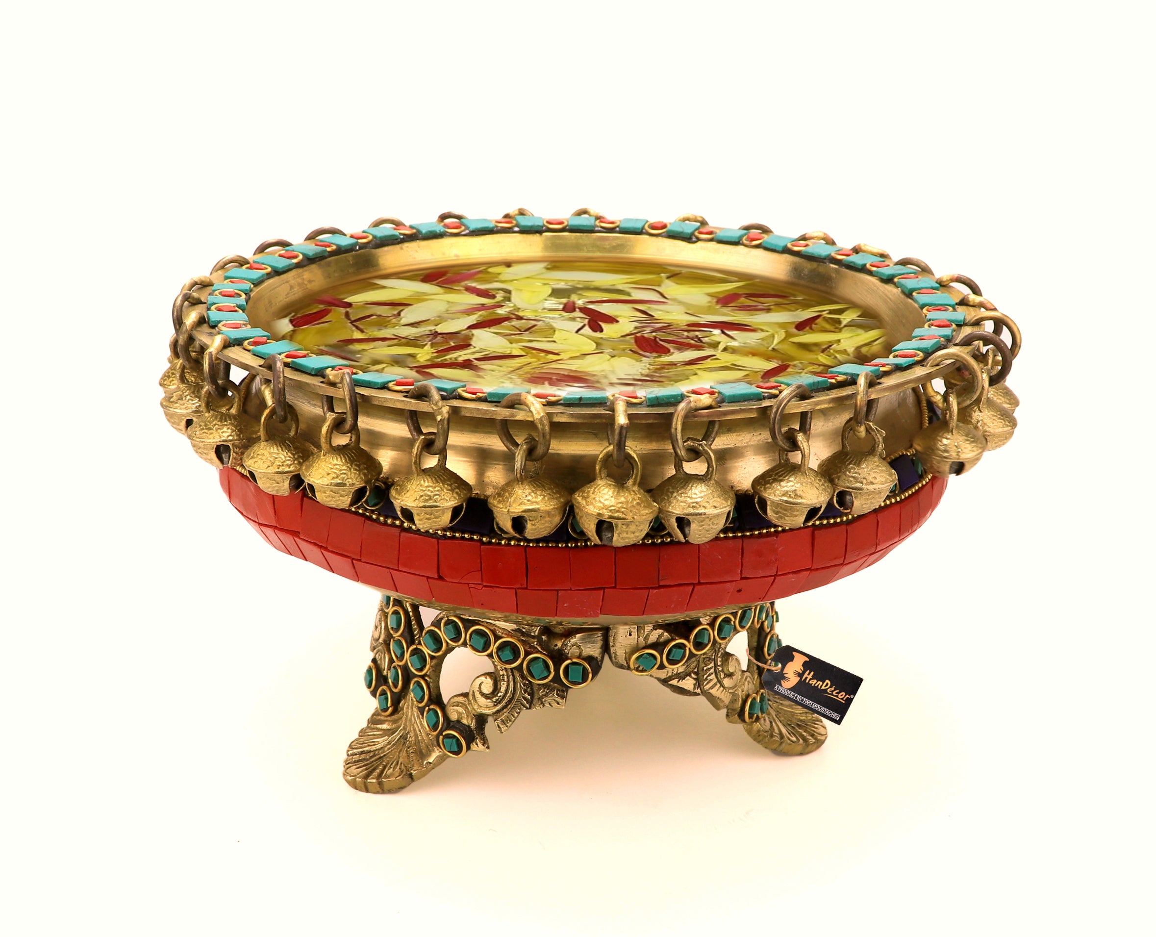 Gemstone Work Brass 8 Inches Urli Bowl on Ethnic Carved Legs