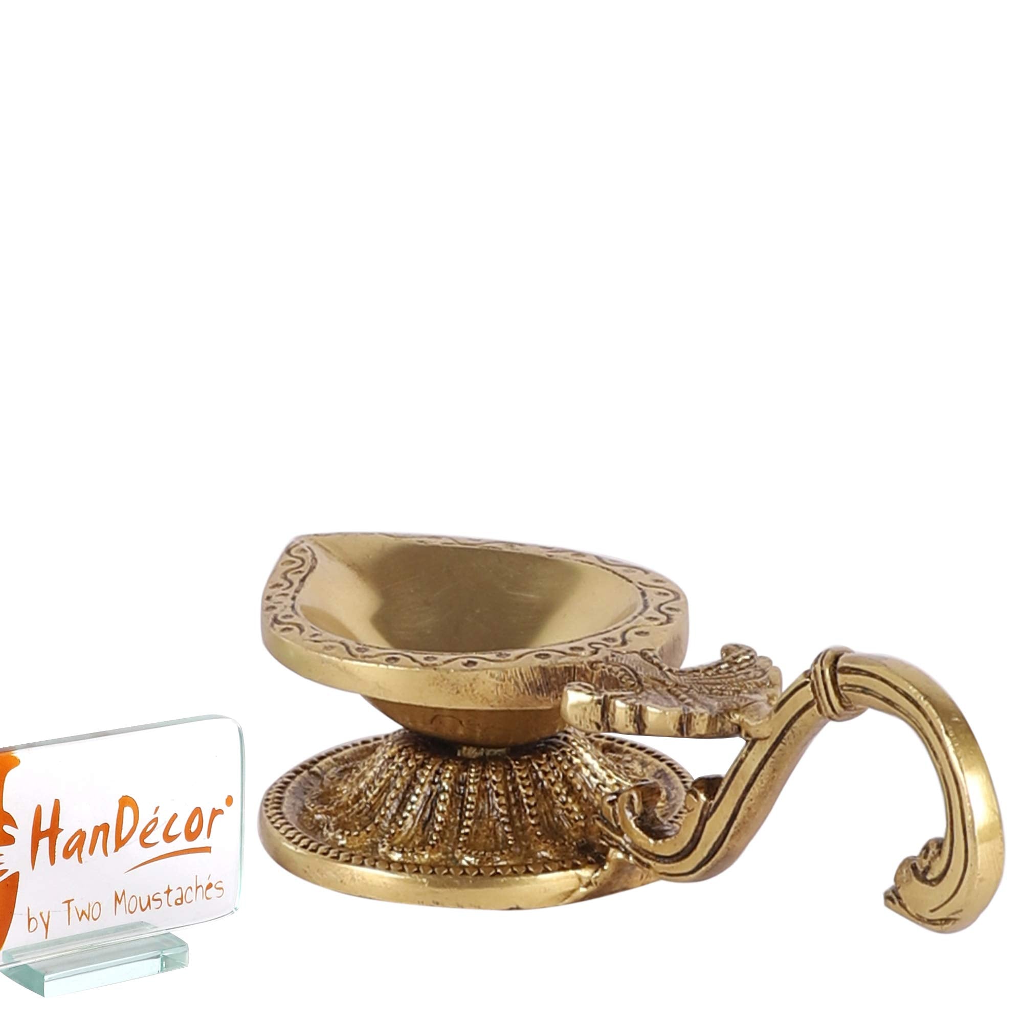 Ethnic Handcarved Brass Diya with Curved Handle