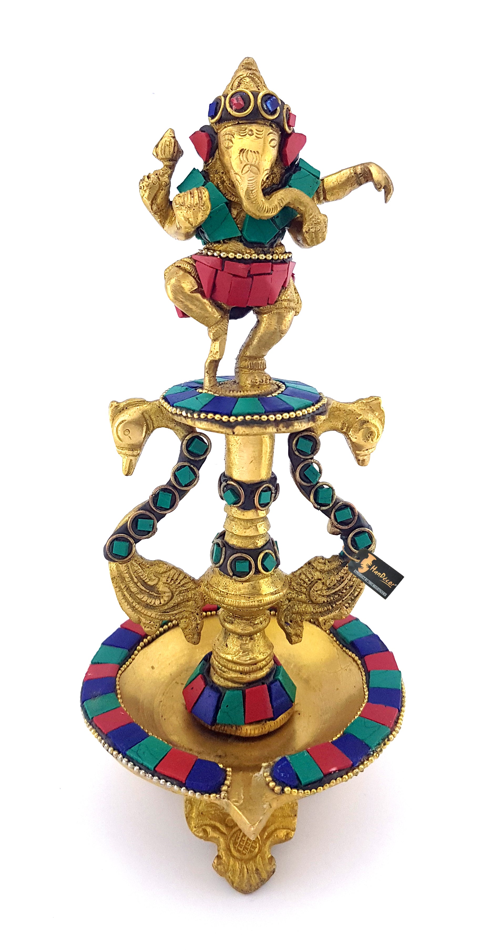 Dancing Ganesha Gemstone Work Brass Oil Diya